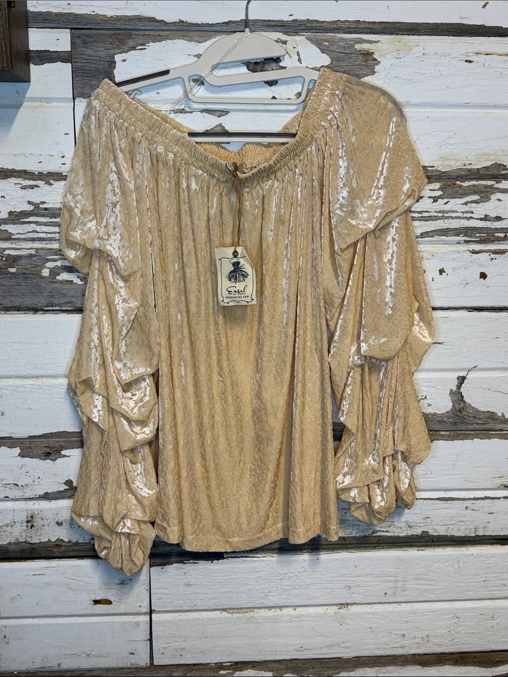 Crushed Velvet Off-Shoulder Ruffle Blouse in Beige